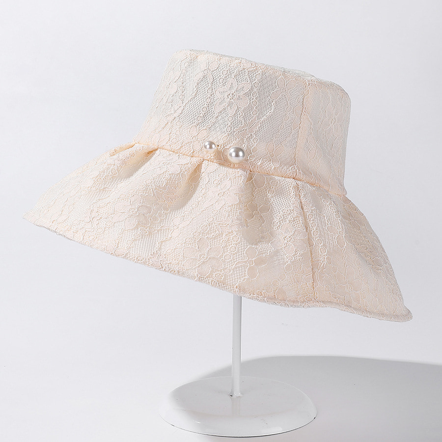 BK00036 Cappello da pescatore estivo da donna in pizzo con perle