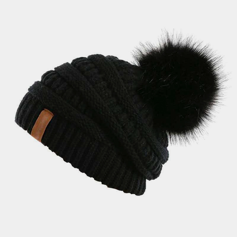 H00010 Cappello lavorato a maglia caldo con pompon di pelliccia staccabile