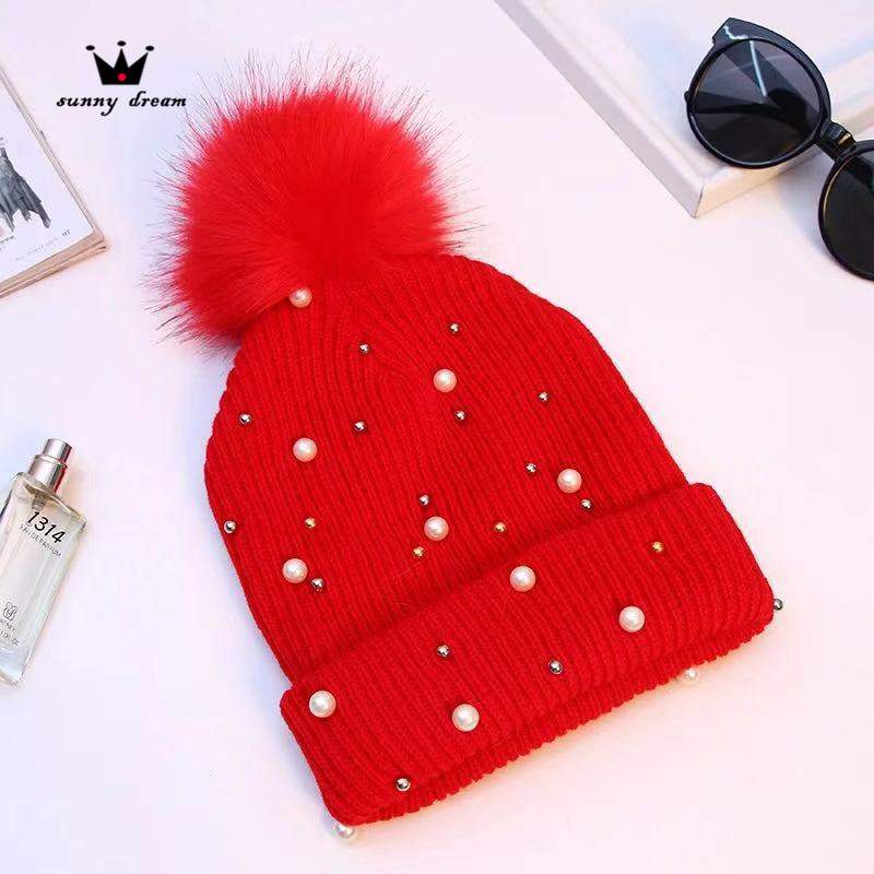 H00007 Cappello lavorato a maglia da donna con palla di pelo di volpe imitazione perla