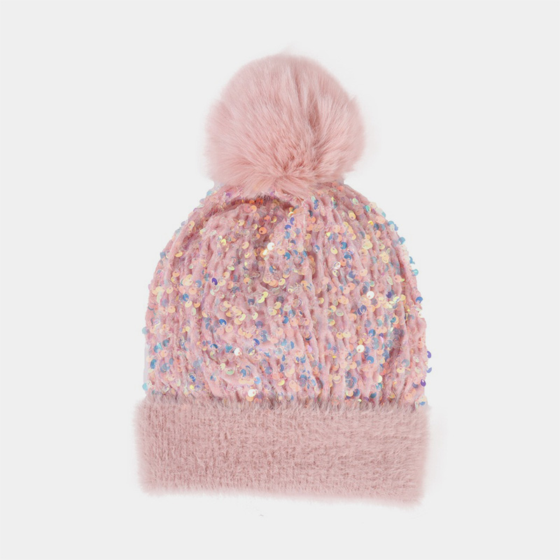 H00029 Cappello lavorato a maglia con paillettes con pompon staccabile
