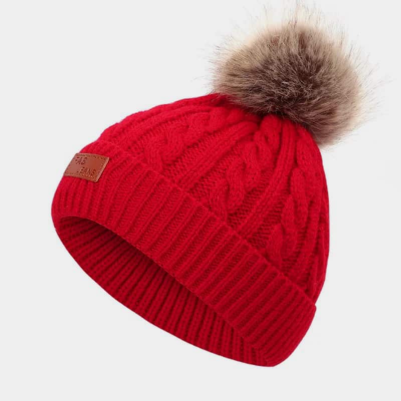 H00077 Cappello lavorato a maglia twist per bambini con etichetta in pelle finta palla di pelo