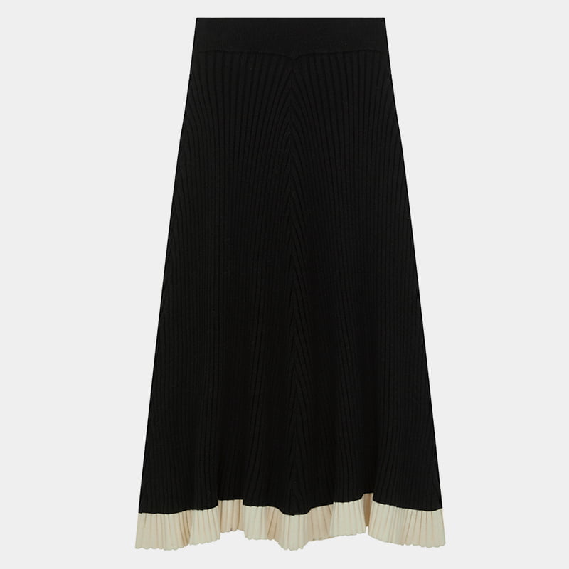 ML2234 Gonna nera in maglia a trapezio con cuciture bianche sull'orlo