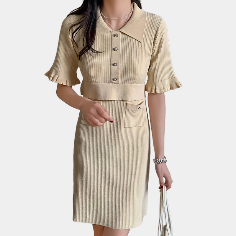 SM-K0027 Abito in maglia dritta con maniche volanti, colletto della camicia con profumo piccolo, temperamento