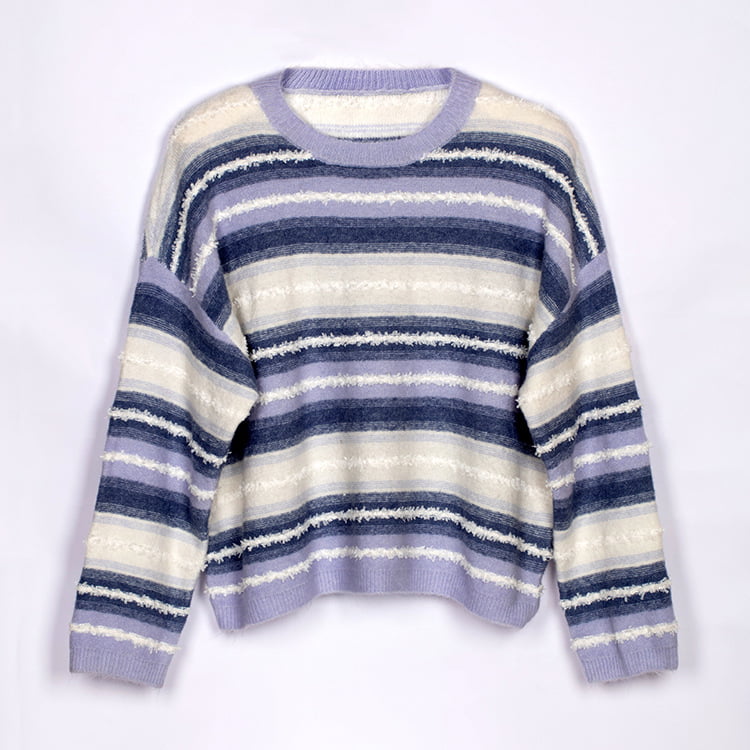 SM-K0047 Maglione lavorato a maglia con collo rotondo ampio patchwork dolce sfumato a righe