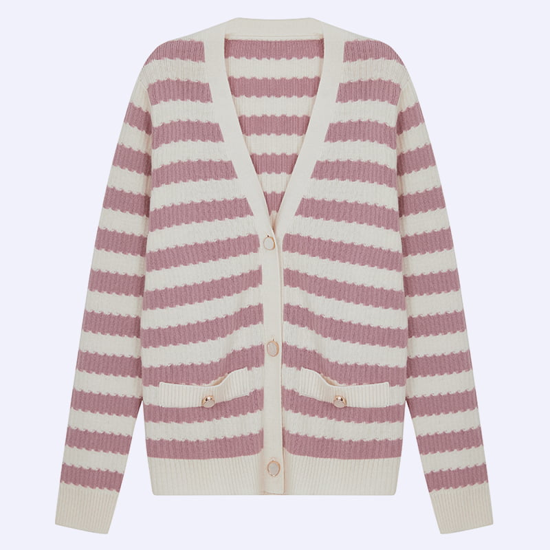 ML2204 Giacca maglione cardigan lavorato a maglia con scollo a V a righe rosa e bianche