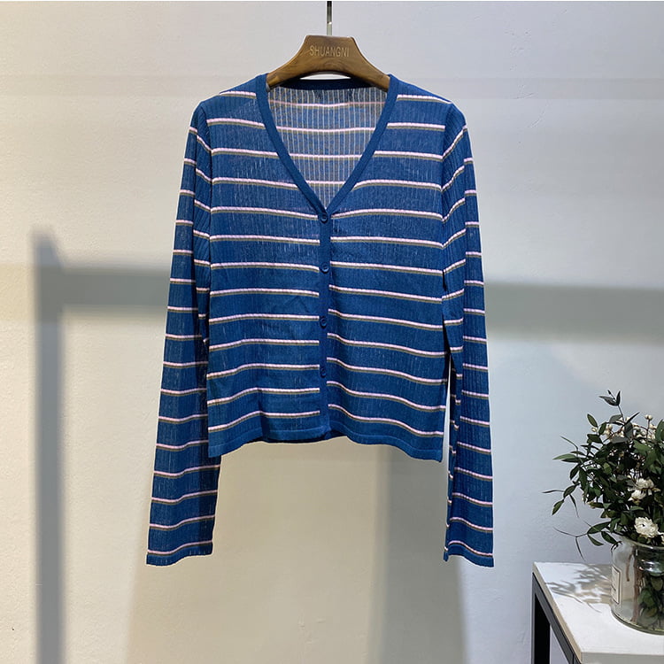 SM-K0001 Cardigan in maglia con blocchi solari a righe di lino coreano per capispalla estiva da donna