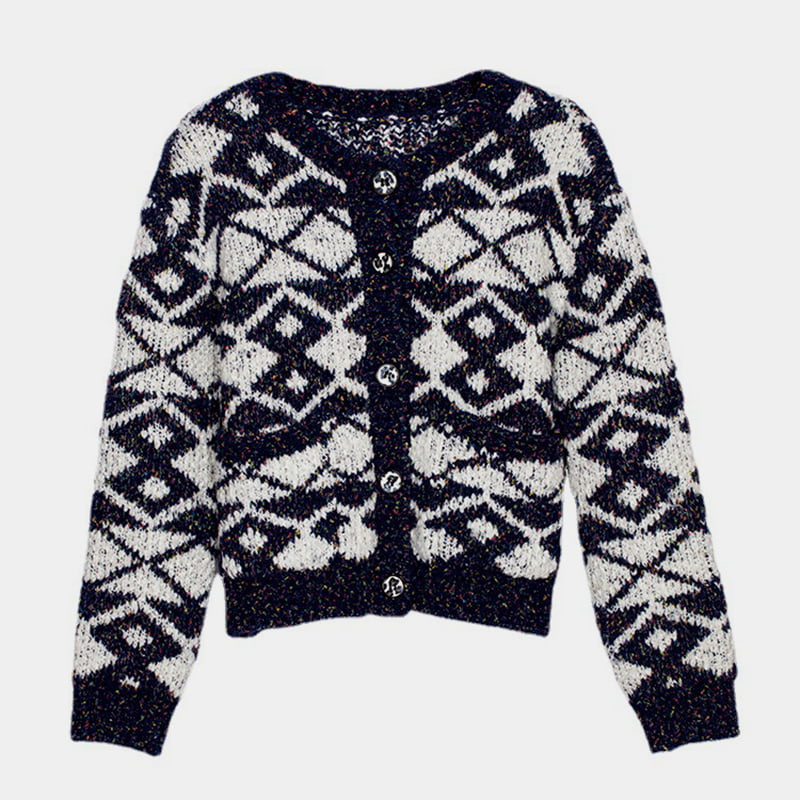 SM-K0036 Cardigan lavorato a maglia mélange con motivo geometrico Abbigliamento esterno autunno e inverno da donna
