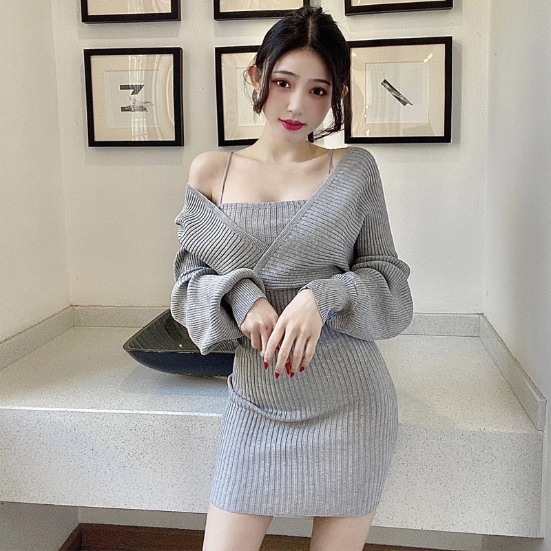 SM-K0090 Abito a maglia sottile con scollo a V sottile a maniche lunghe
