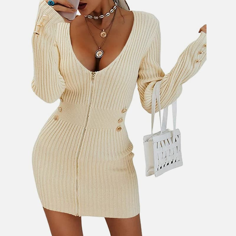SM-K0078 Abito corto in maglia sottile con scollo a V e maniche lunghe con zip