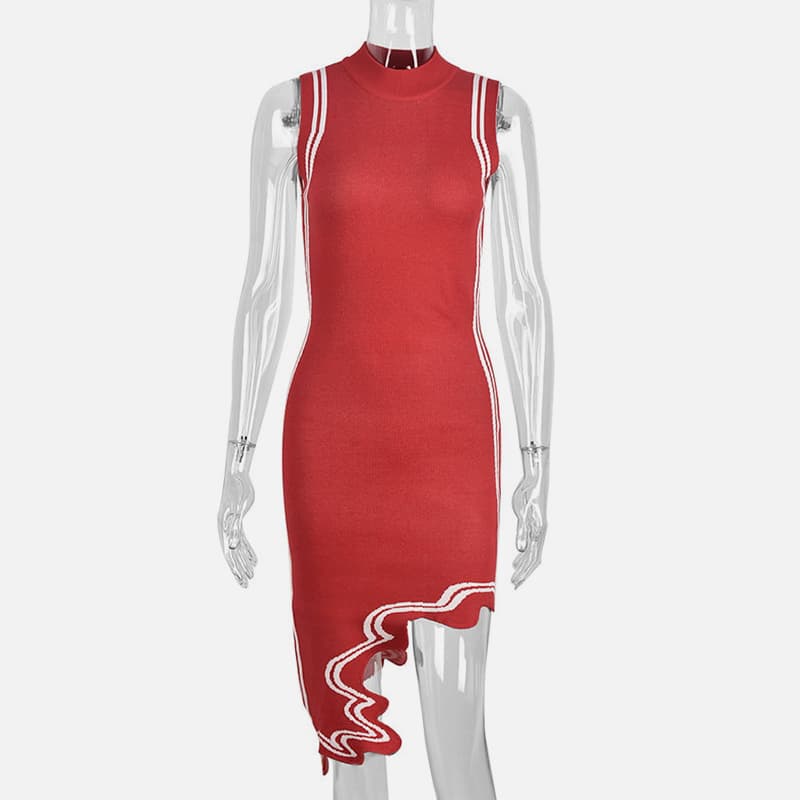 SM-K0079 Abito in maglia asimmetrica a righe irregolari girocollo senza maniche