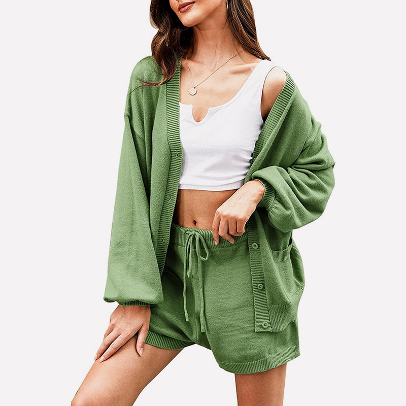 SM-K0092 Abito lavorato a maglia con giacca in pantaloncini con maniche a lanterna e temperamento con scollo a V SM-K0092 Abito lavorato a maglia con giacca in pantaloncini con maniche a lanterna e temperamento con scollo a V