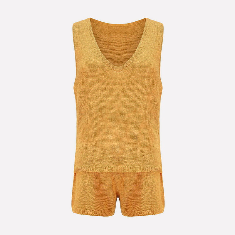 SM-K0102 Abito casual lavorato a maglia con gilet in maglia fine tinta unita e pantaloncini con lacci SM-K0102 Abito casual lavorato a maglia con gilet in maglia fine tinta unita e pantaloncini con lacci