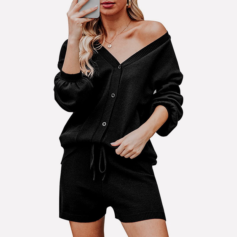 SM-K0092 Abito lavorato a maglia con giacca in pantaloncini con maniche a lanterna e temperamento con scollo a V SM-K0092 Abito lavorato a maglia con giacca in pantaloncini con maniche a lanterna e temperamento con scollo a V