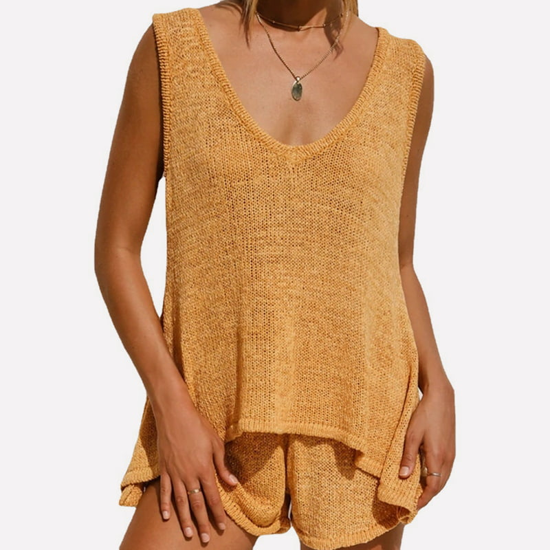 SM-K0102 Abito casual lavorato a maglia con gilet in maglia fine tinta unita e pantaloncini con lacci SM-K0102 Abito casual lavorato a maglia con gilet in maglia fine tinta unita e pantaloncini con lacci