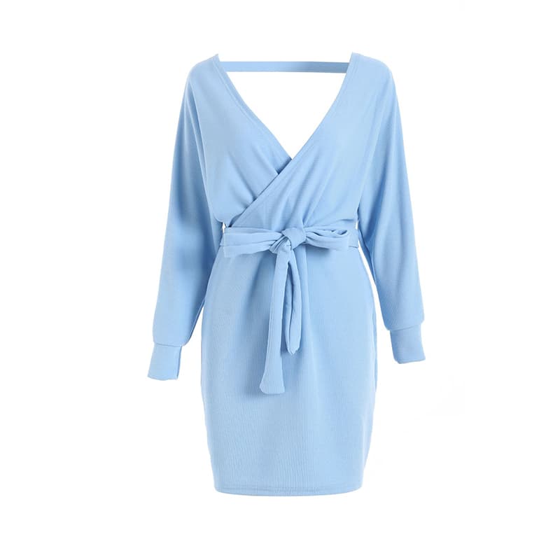 SM-K0076 Abito in maglia allacciato con maniche a pipistrello e scollo a V SM-K0076 Abito in maglia allacciato con maniche a pipistrello e scollo a V