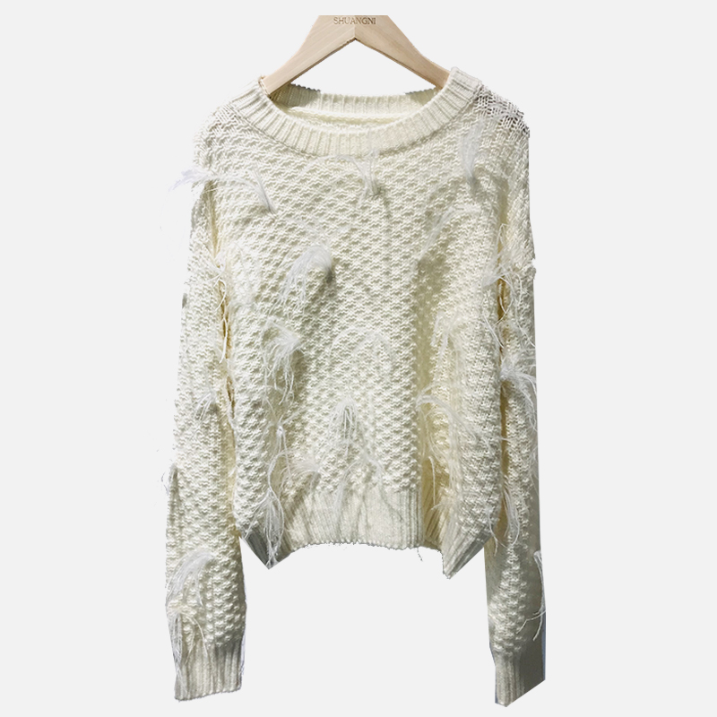 SNS061 Maglione lavorato a maglia decorato con piume girocollo bianco